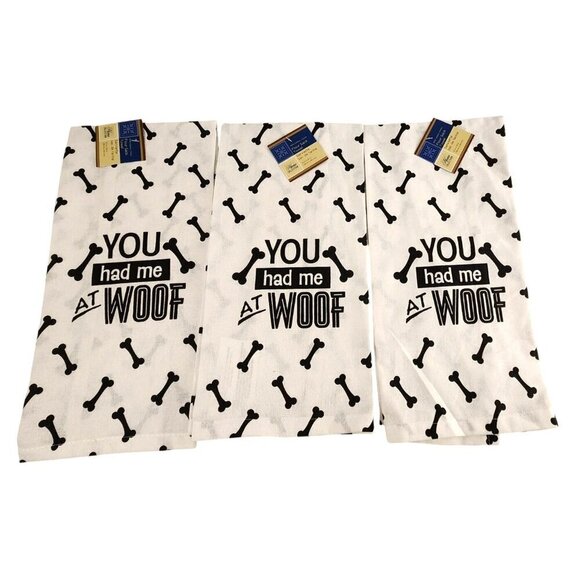 Set Of 3 "You Had Me At Woof" Dog Bone Print Cotton Flour Sack Towels 15 x 25" - Picture 1 of 5